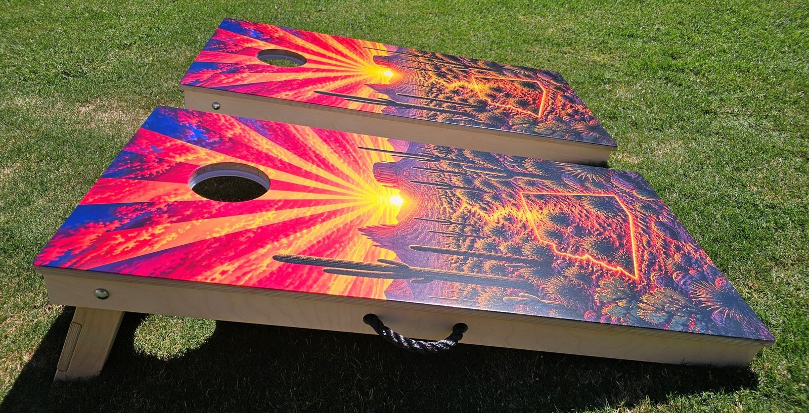 Sonoran Inferno completed cornhole boards — Angle View