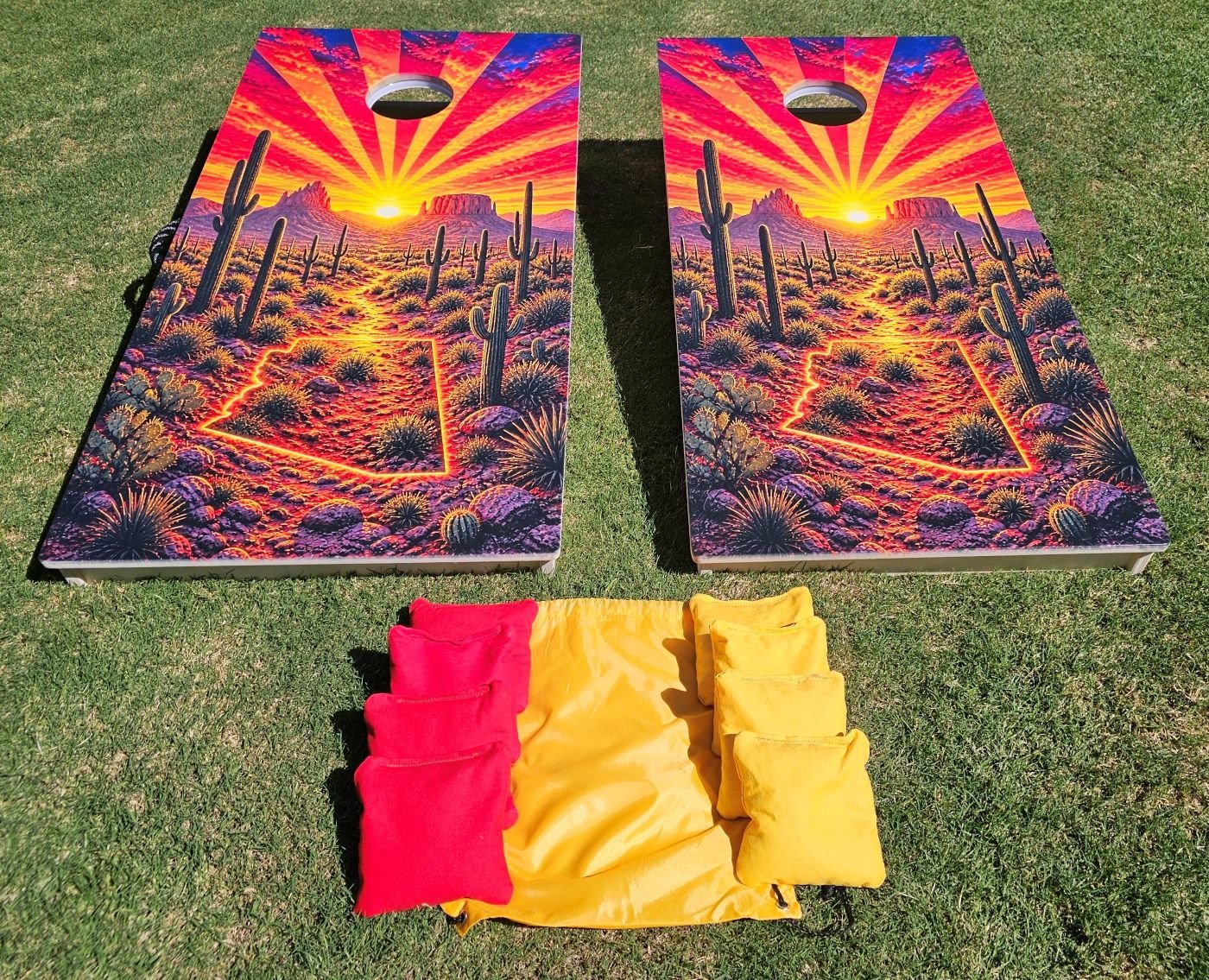 Sonoran Inferno completed cornhole boards — Front View
