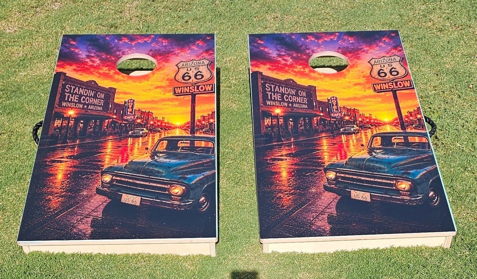 Sunset on 66 completed cornhole boards — Front View
