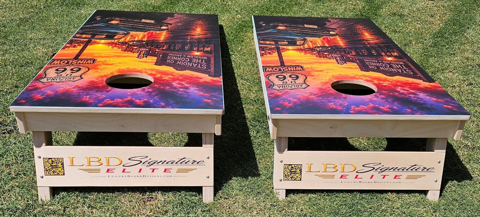 Sunset on 66 completed cornhole boards — Rear View