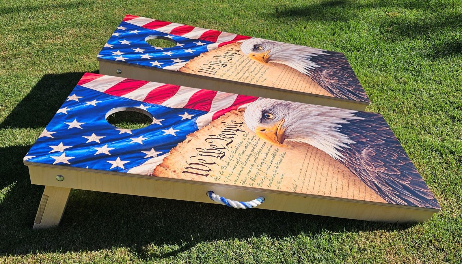 We the People completed cornhole boards — Angle View