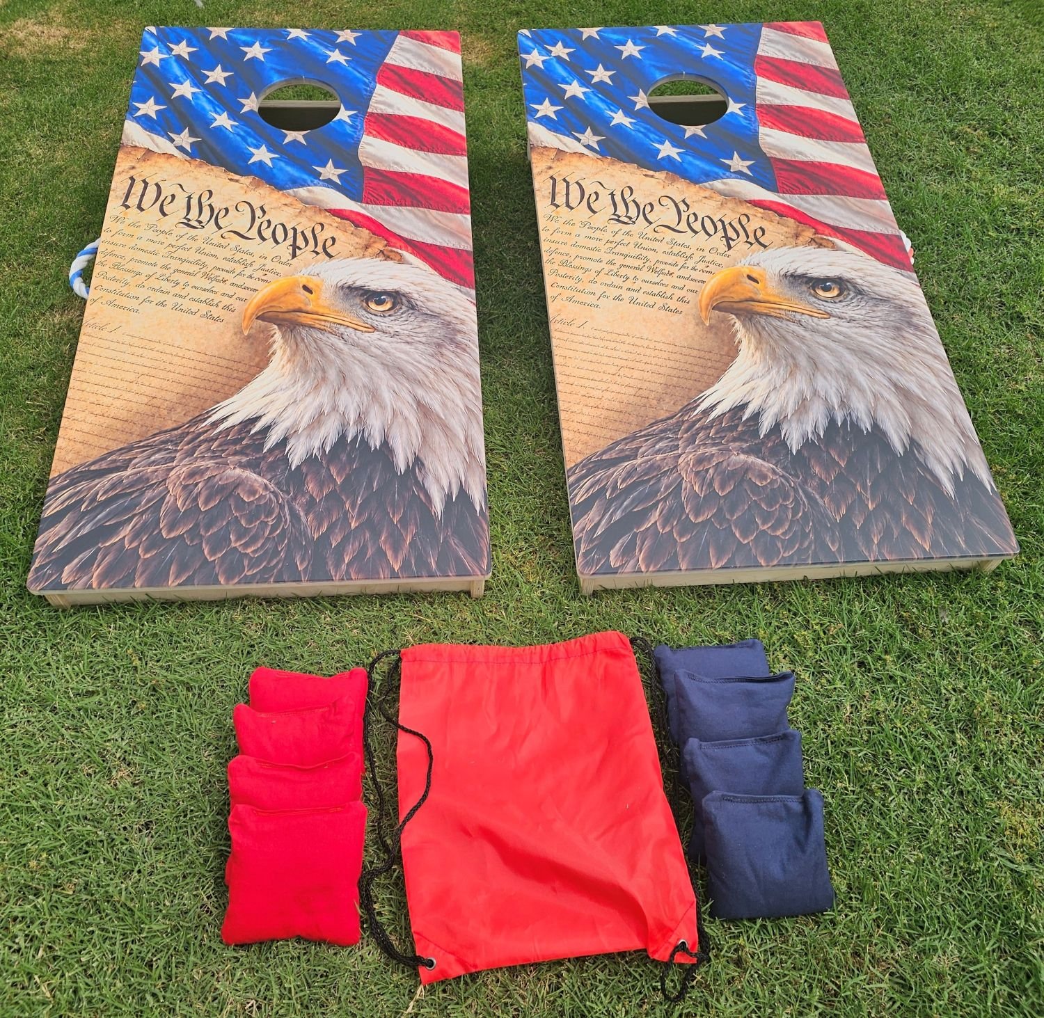 We the People completed cornhole boards — Front View