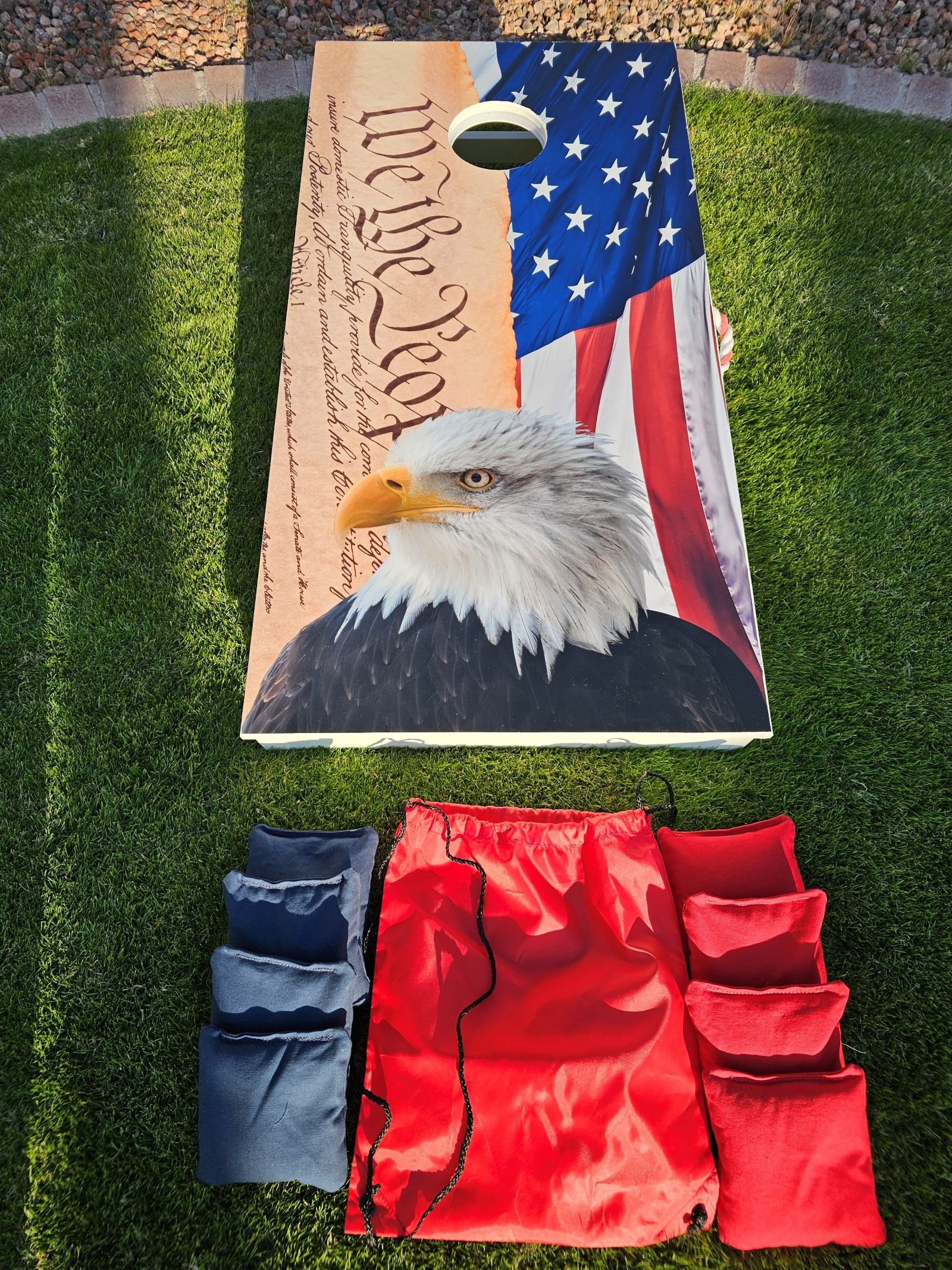 Custom We The People ready-for-delivery cornhole boards in Phoenix Arizona