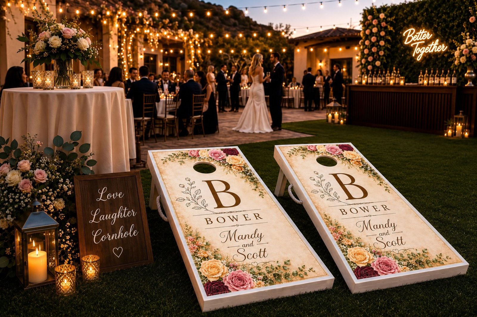 Luxury cornhole boards displayed at an upscale Chandler Arizona outdoor gathering space