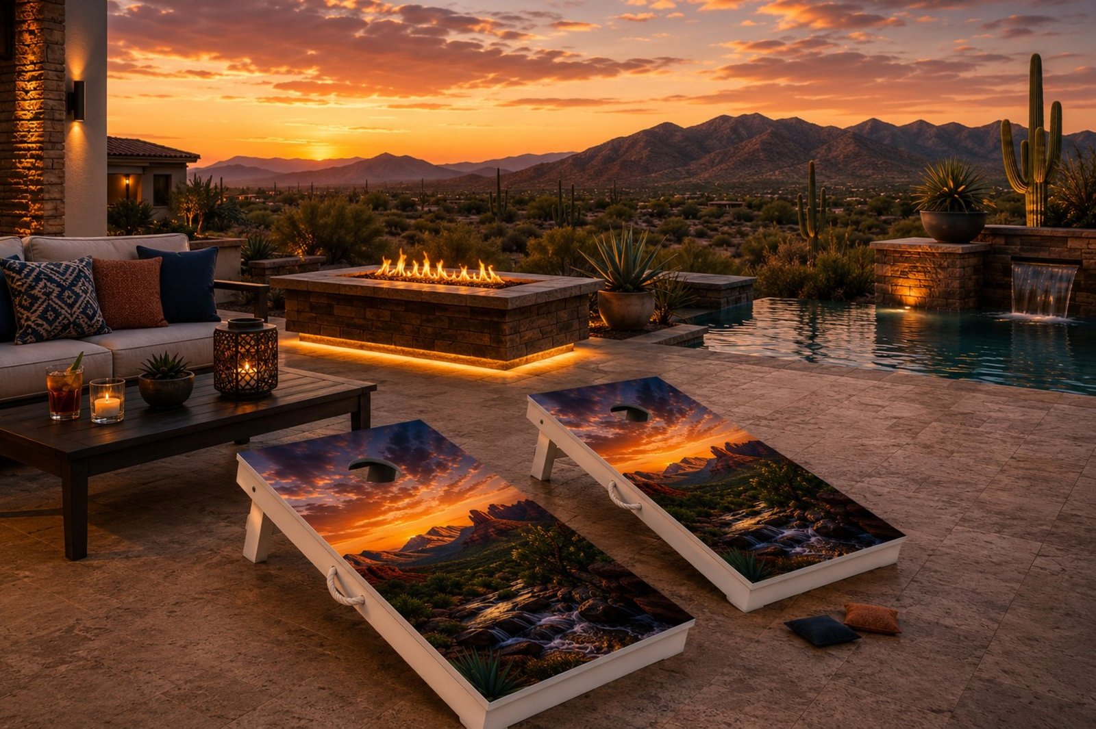 Luxury cornhole boards displayed in a Phoenix Arizona outdoor entertaining space