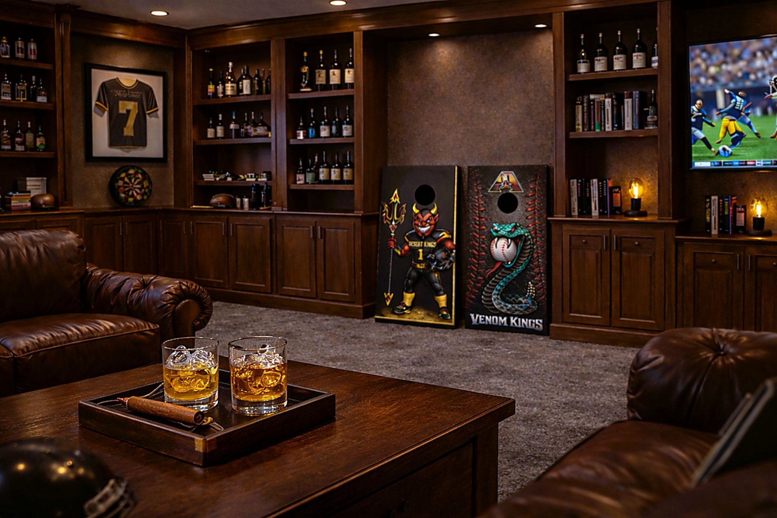 Desert King cornhole boards displayed in a premium home office or man cave setting