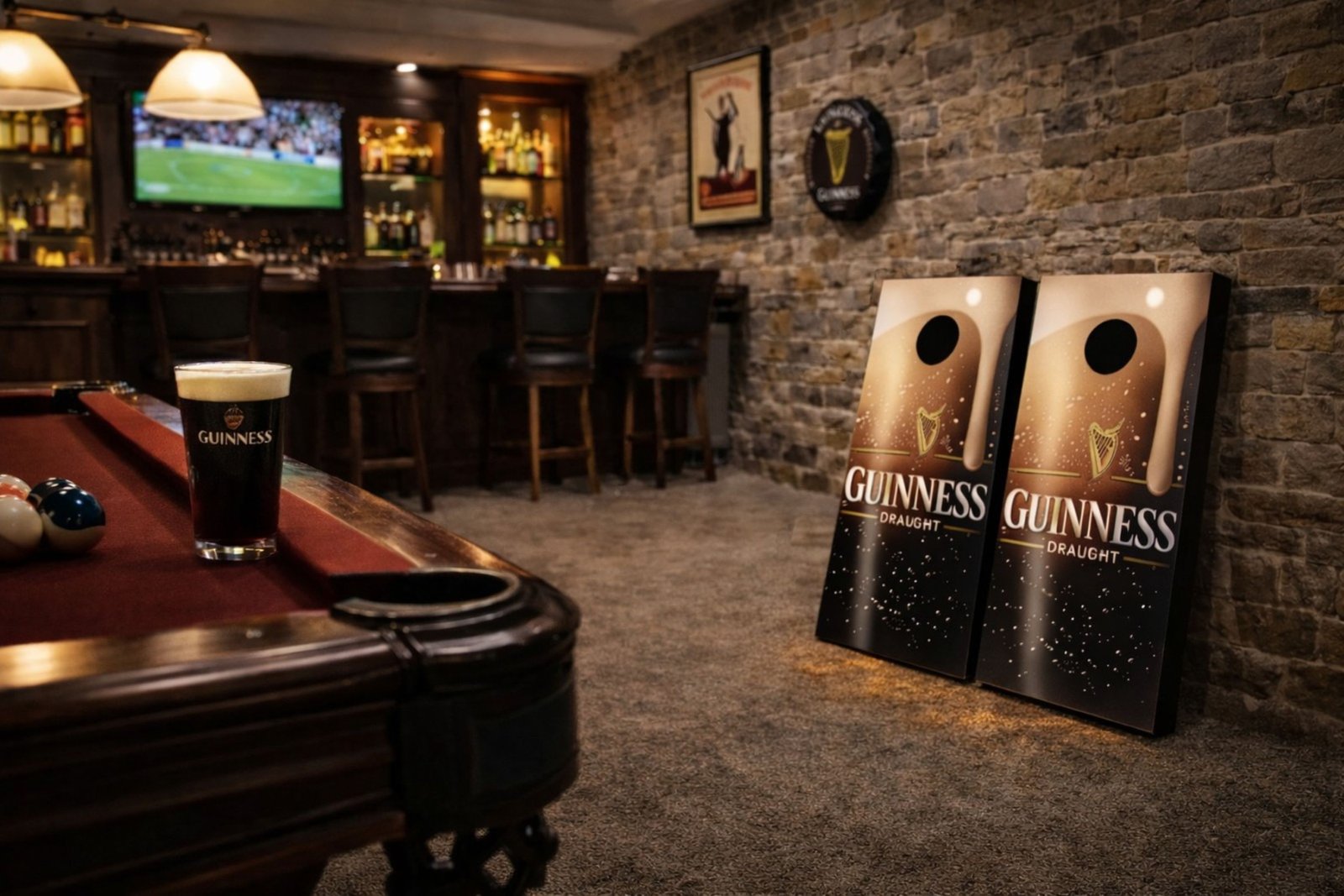 The Perfect Pour cornhole boards displayed in a premium basement bar or game room setting
